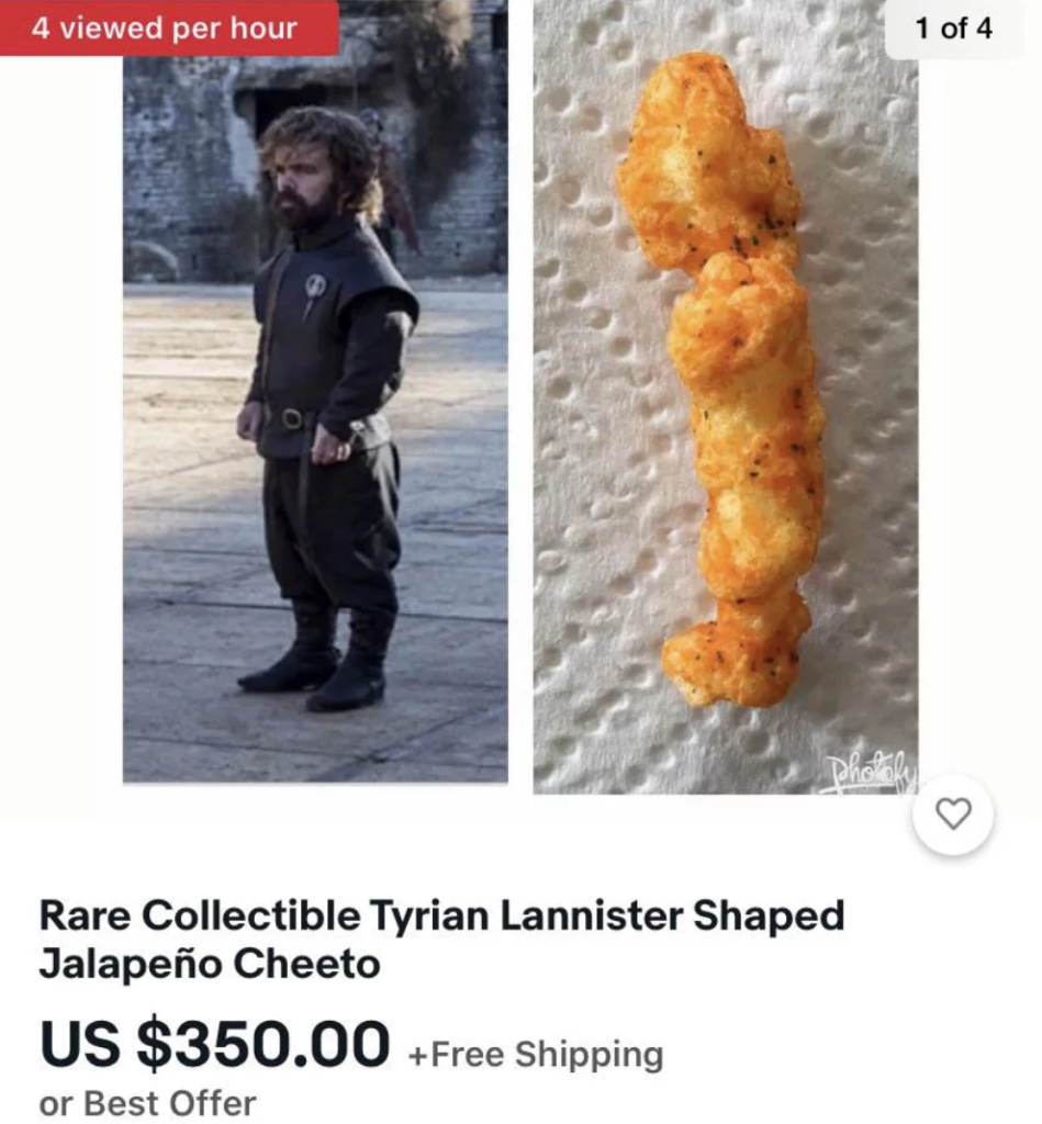 A screenshot of an online listing displaying a jalapeño Cheeto shaped like a person next to an image of a small person in medieval-style clothing. The listing includes the title, "Rare Collectible Tyrion Lannister Shaped Jalapeño Cheeto," priced at $350 with free shipping.