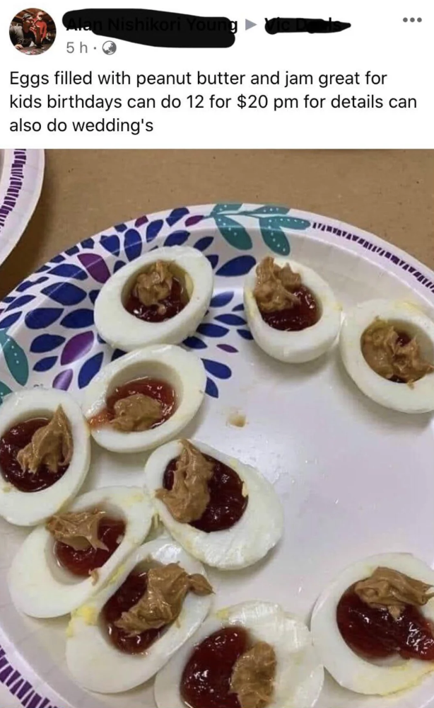 A disposable plate holds multiple halved hard-boiled eggs filled with both peanut butter and jam. A Facebook post above the image advertises the eggs for kids' birthdays at $20 for a dozen, with a mention of availability for weddings too.