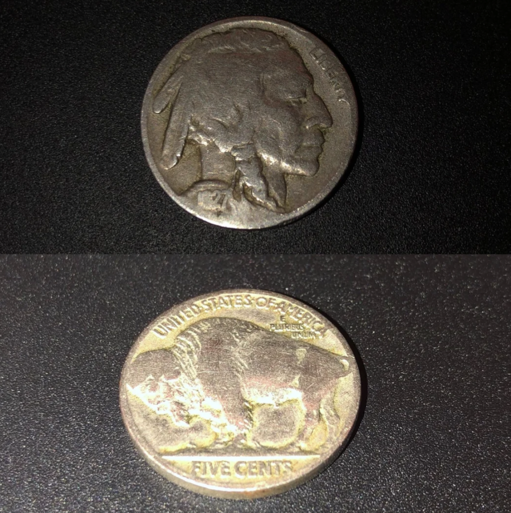 Two images of a Buffalo nickel coin. The top image shows the obverse side featuring a Native American profile. The bottom image shows the reverse side with an American bison. The inscriptions "LIBERTY" and "UNITED STATES OF AMERICA" are partially visible.