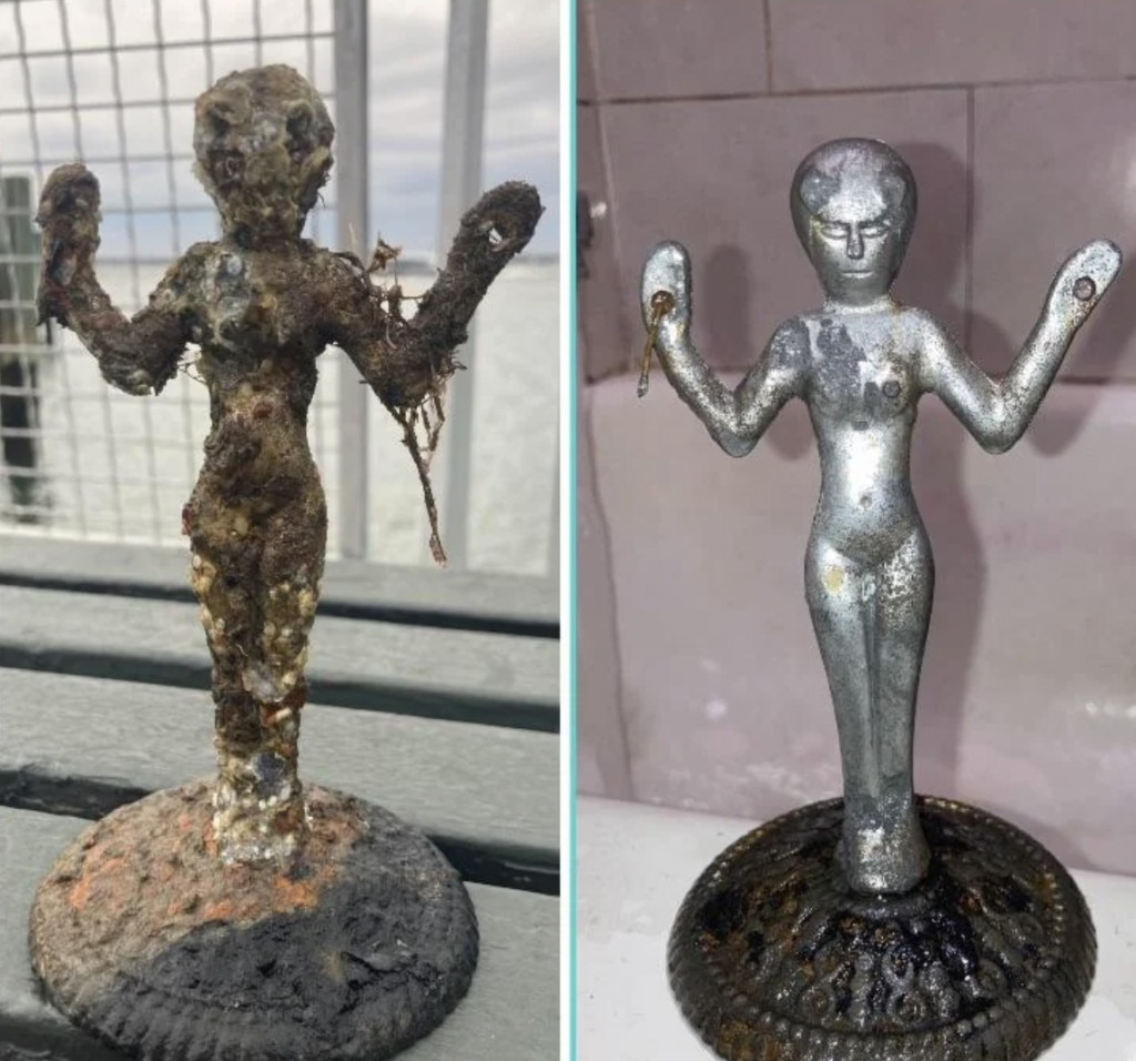 Side-by-side comparison of a small statue: the left image shows a heavily corroded and encrusted version, while the right image displays the same statue after cleaning, revealing its metallic finish and human-like shape with arms raised.