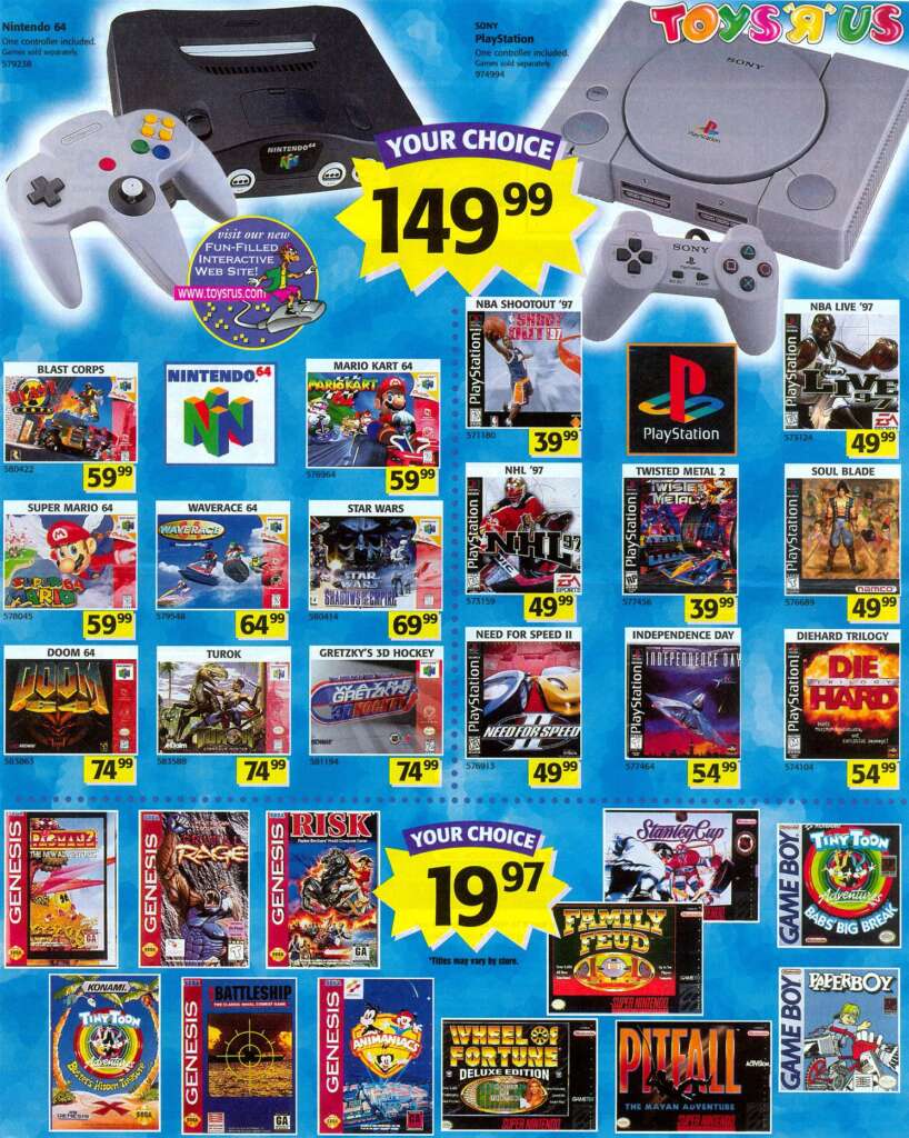 A colorful Toys "R" Us advertisement featuring various video game consoles, including a Nintendo 64 ($149.99) and a PlayStation ($149.99), alongside numerous game titles for different systems such as Nintendo 64, PlayStation, Sega Genesis, and Game Boy, with prices ranging from $14.99 to $74.99.