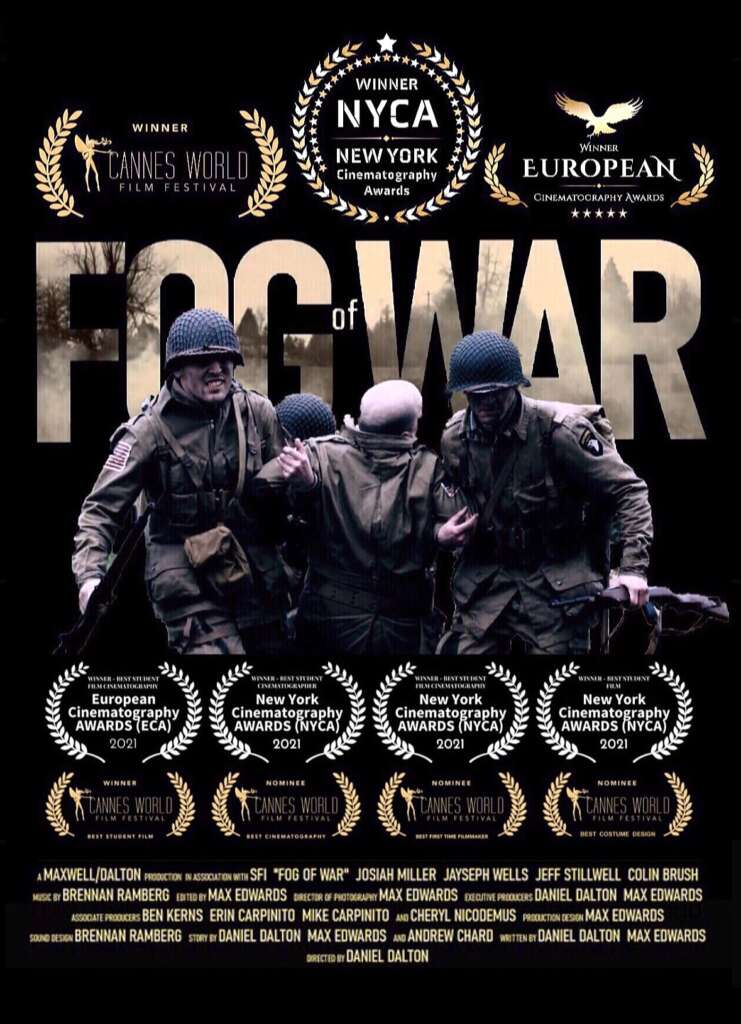 Movie poster for "Fog of War" features soldiers in combat gear behind the title. It highlights multiple award wins including Cannes World Film Festival, New York Cinematography Awards, and European Cinematography Awards. Cast and crew details are listed below.