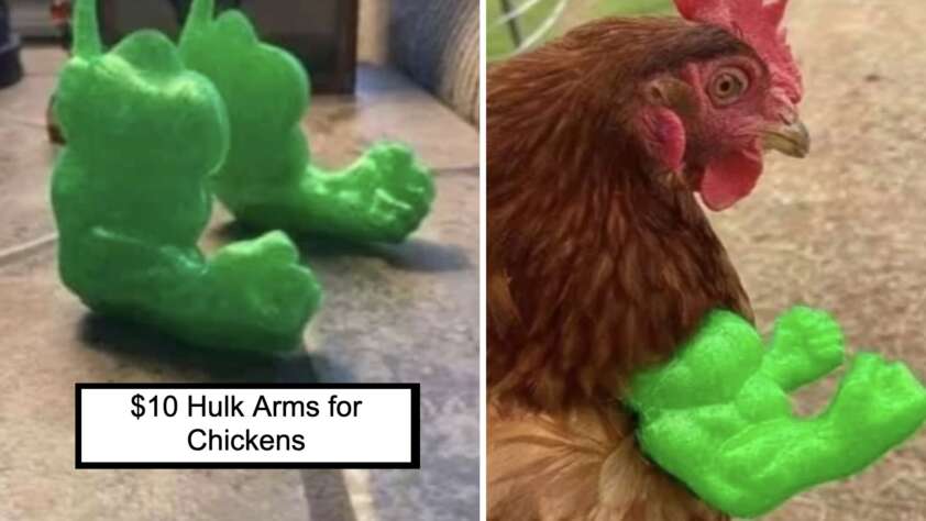 Two side-by-side images of green, muscular "Hulk" arms for chickens. The left image shows the standalone toy, while the right image shows a chicken with the green "Hulk" arms attached, giving the appearance of the chicken having the bulky arms. Text reads: "$10 Hulk Arms for Chickens.