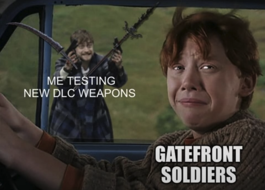 A frightened young boy labeled "Gatefront Soldiers" is driving a car. Outside the car, a smiling man holding two weapons is labeled "Me testing new DLC weapons." This Elden Ring meme humorously depicts the fear of opposing players encountering new game content.