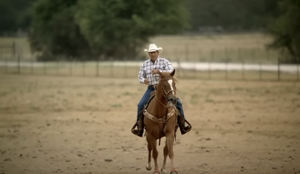 A person wearing a cowboy hat, plaid shirt, and jeans is riding a brown horse in an open, arid field with a few trees and a fence line in the background. The rider is looking ahead while holding the reins, and the horse appears to be in motion.