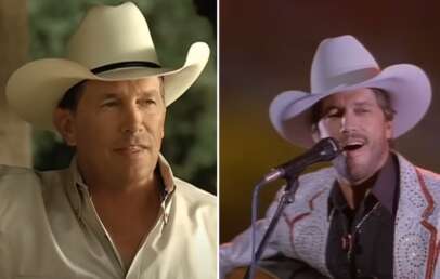 Split image featuring the same person. On the left, he is wearing a white cowboy hat, a light-colored shirt, and appears outdoors. On the right, he is singing into a microphone, also in a cowboy hat, and wearing a gray jacket with red accents.