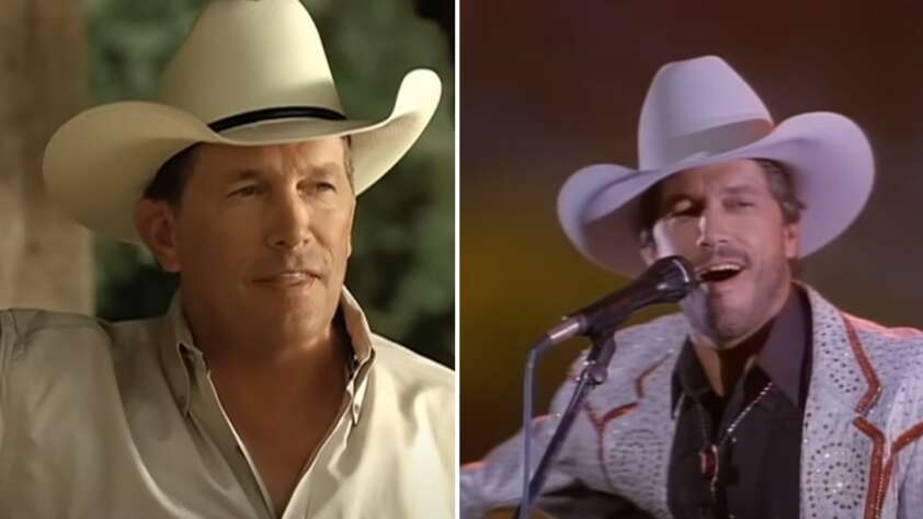 Split image featuring the same person. On the left, he is wearing a white cowboy hat, a light-colored shirt, and appears outdoors. On the right, he is singing into a microphone, also in a cowboy hat, and wearing a gray jacket with red accents.