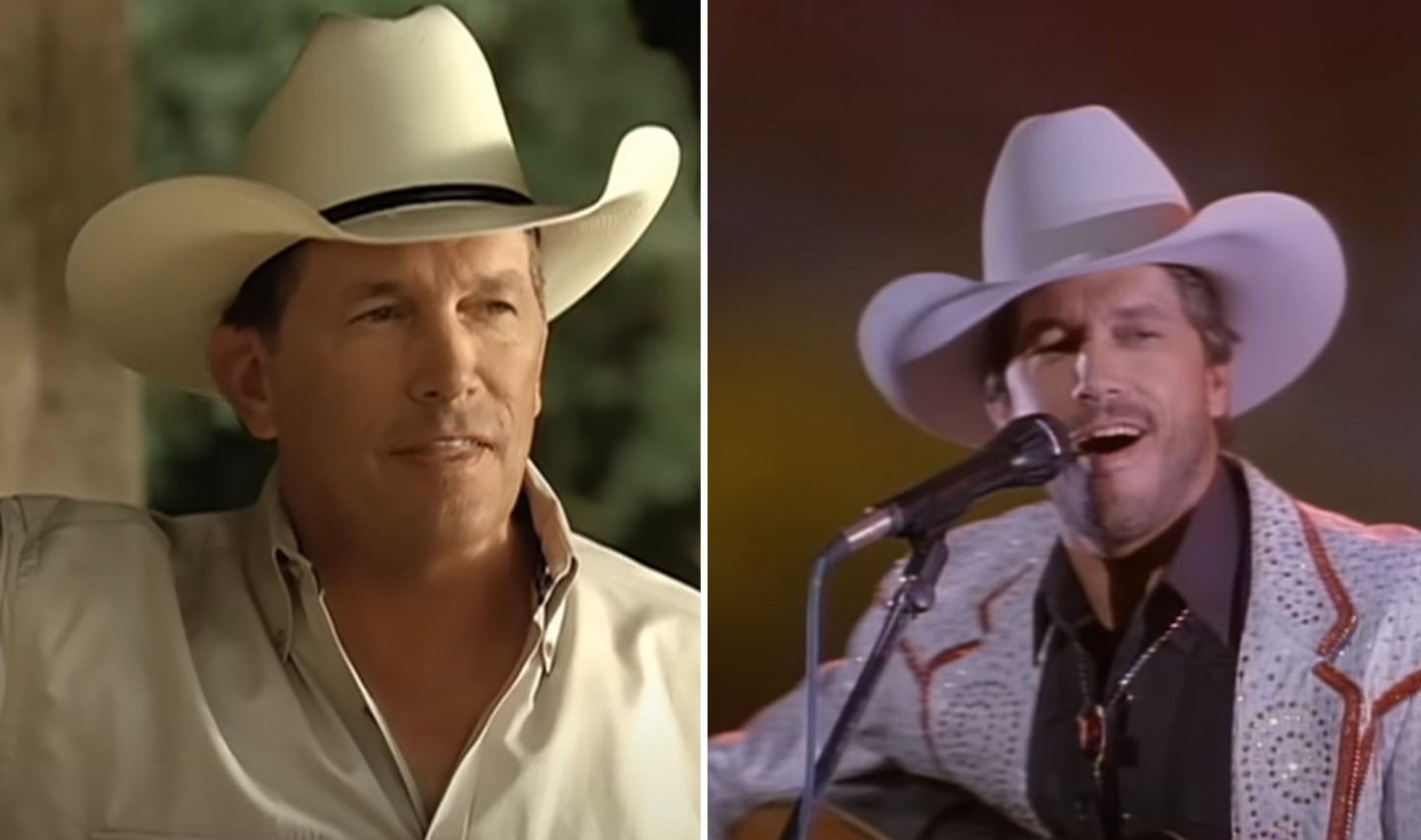 Split image featuring the same person. On the left, he is wearing a white cowboy hat, a light-colored shirt, and appears outdoors. On the right, he is singing into a microphone, also in a cowboy hat, and wearing a gray jacket with red accents.