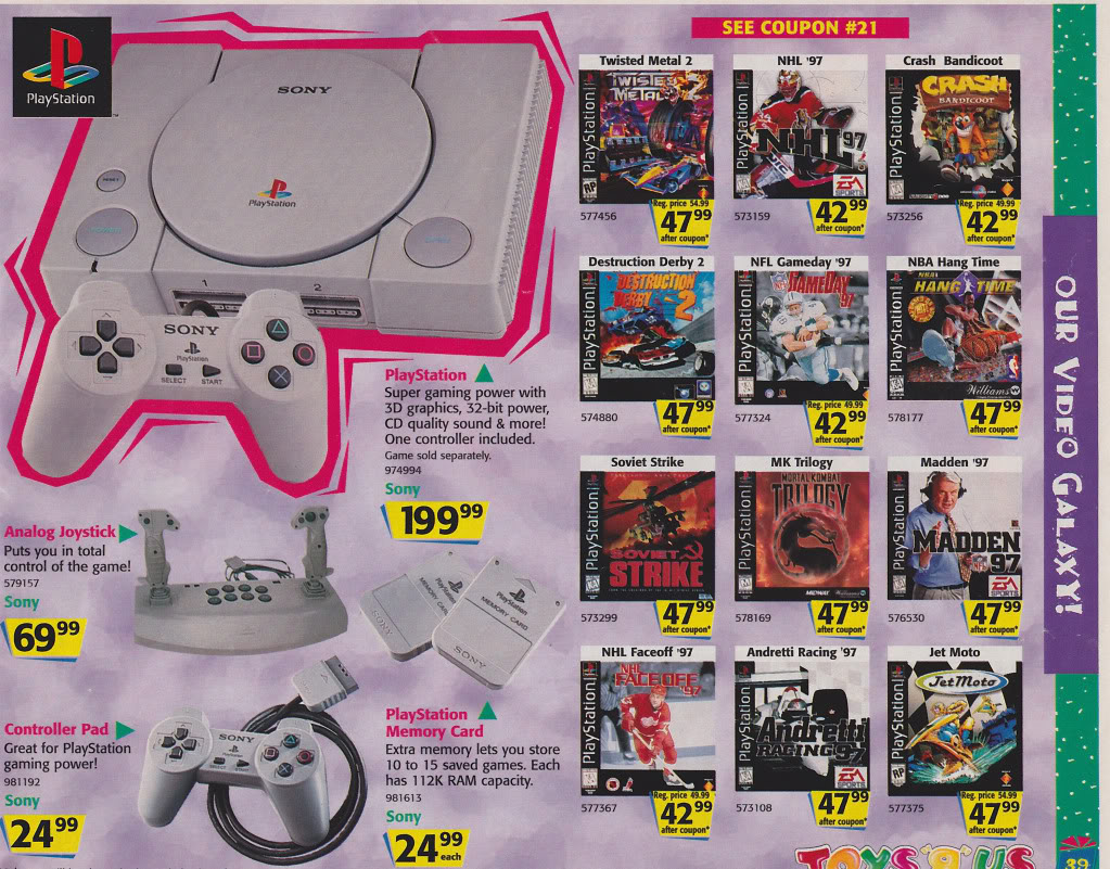 A colorful catalog page showcasing various PlayStation items. It features a PlayStation console for $199.99, an analog joystick for $69.99, a controller pad and memory card each for $24.99. Also displayed are several PlayStation game covers with prices ranging from $19.99 to $47.99.