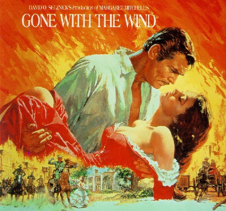 A classic movie poster for "Gone with the Wind," featuring a man holding a woman in his arms while they gaze into each other's eyes. The background shows a fiery, war-torn scene with soldiers on horseback and burning buildings. The title is prominently displayed at the top.