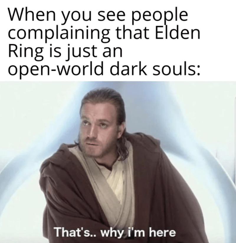 Elden Ring memes - A meme featuring a scene from a movie with a character in a robe. The text reads, "When you see people complaining that Elden Ring is just an open-world dark souls: That's.. why I'm here." The character appears to be responding with acceptance or agreement.