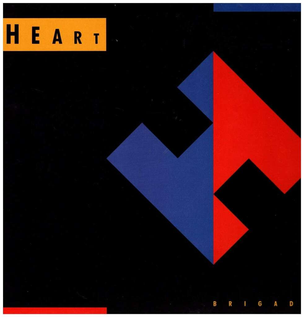 Album cover for "Brigade" by Heart. Design features geometric shapes in blue and red forming a stylized "H" on a black background. The band's name "HEART" is in capital letters in a yellow and orange box in the top left corner, and "BRIGADE" is at the bottom right.