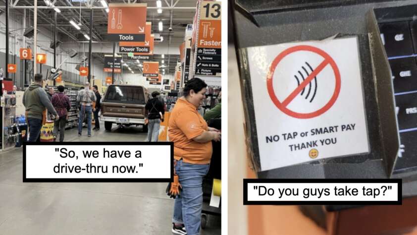 Left image shows a store aisle with a truck inside, customers and employees around it. Right image shows a sign on a card reader stating "No tap or smart pay, thank you," with a customer sarcastically asking, "Do you guys take tap?