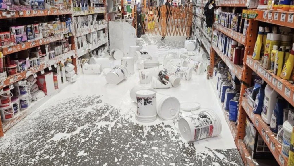 An aisle in a hardware store is covered in spilled white paint, with several paint cans and buckets lying on their sides, causing a large mess. Shelves on both sides are stocked with various paint products. In the background, a caution barrier and store supplies are visible.