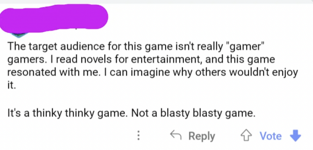 A social media post reads: "The target audience for this game isn't really 'gamer' gamers. I read novels for entertainment, and this game resonated with me. I can imagine why others wouldn't enjoy it. It's a thinky thinky game. Not a blasty blasty game.