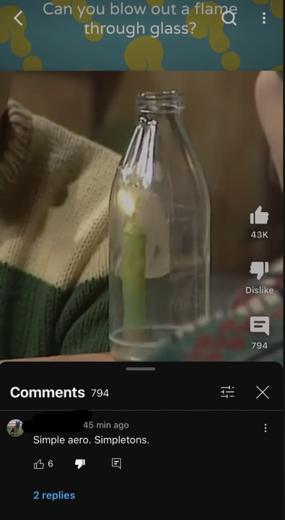 A lit candle inside a glass bottle. The caption above reads, “Can you blow out a flame through glass?” The image features a person in a green and beige sweater. Below, there are social media reactions with 43K likes and 794 dislikes, and a comment section with 2 replies.