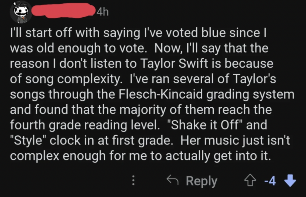 A screenshot of a social media comment. This comment says they have always voted blue and criticizes Taylor Swift's music, claiming it lacks complexity. They mention using the Flesch-Kincaid grading system to assess song lyrics, rating some at fourth grade and others at first grade level.