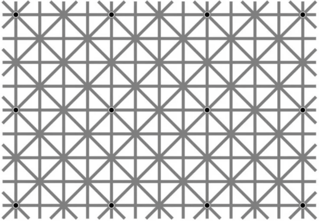 Optical illusion of irregularly spaced black dots on a grid intersected by gray lines. The gray lines form triangles and rectangles. Black dots appear at some intersections but disappear when directly looked at, creating a visual trick.