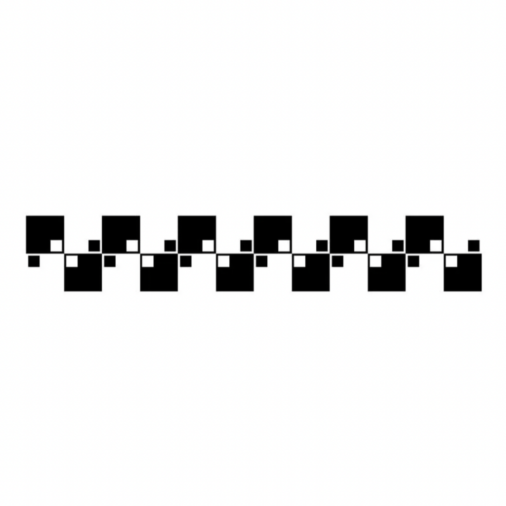 A horizontal pattern of alternating black and white squares and rectangles in a zigzag formation on a white background. The shapes create a checkered, wave-like effect.