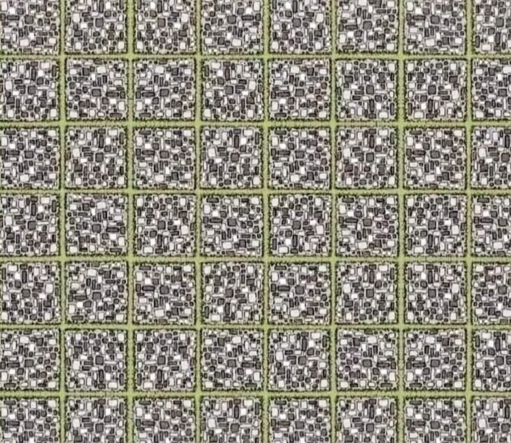 This image shows a detailed, repetitive mosaic pattern composed of small black, white, and grey geometric shapes within a grid of green-bordered squares. Each square contains a unique arrangement of shapes, creating a visually intricate and textured design.