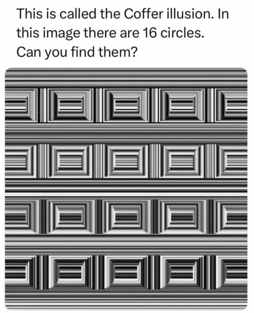 An optical illusion image titled "Coffer illusion" features horizontal rows of rectangular shapes with intricate black and white vertical and horizontal lines. The text indicates there are 16 hidden circles within the pattern and challenges the viewer to find them.