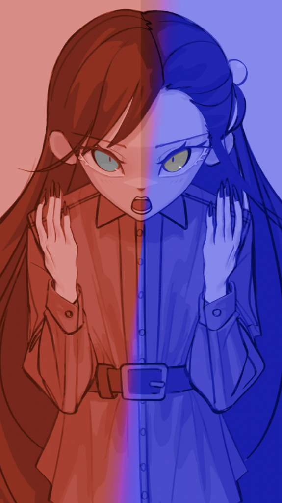 Illustration of a character with long hair split into two colors. The left side has a red tint with red eyes and a hand to their chest. The right side has a blue tint with blue eyes and a hand raised near their face. The expression is one of surprise or shock.