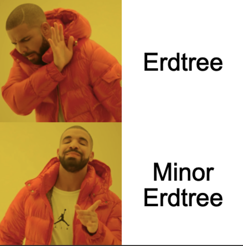 A two-panel meme image. The top panel shows a man in an orange jacket with a disapproving expression and hand gesture, next to the word "Erdtree". The bottom panel shows the same man smiling and pointing approvingly, next to the words "Minor Erdtree".