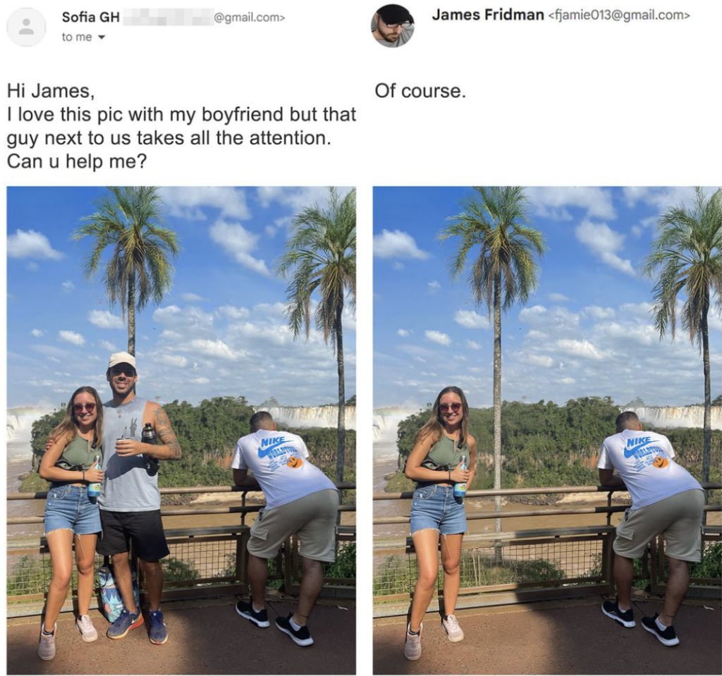 A woman and her boyfriend pose for a photo in front of a scenic waterfall and palm trees. To the right, a man in a white t-shirt leans on the railing. In the edited version, the man in white is humorously duplicated, leaning on the railing in both normal and mirrored positions.