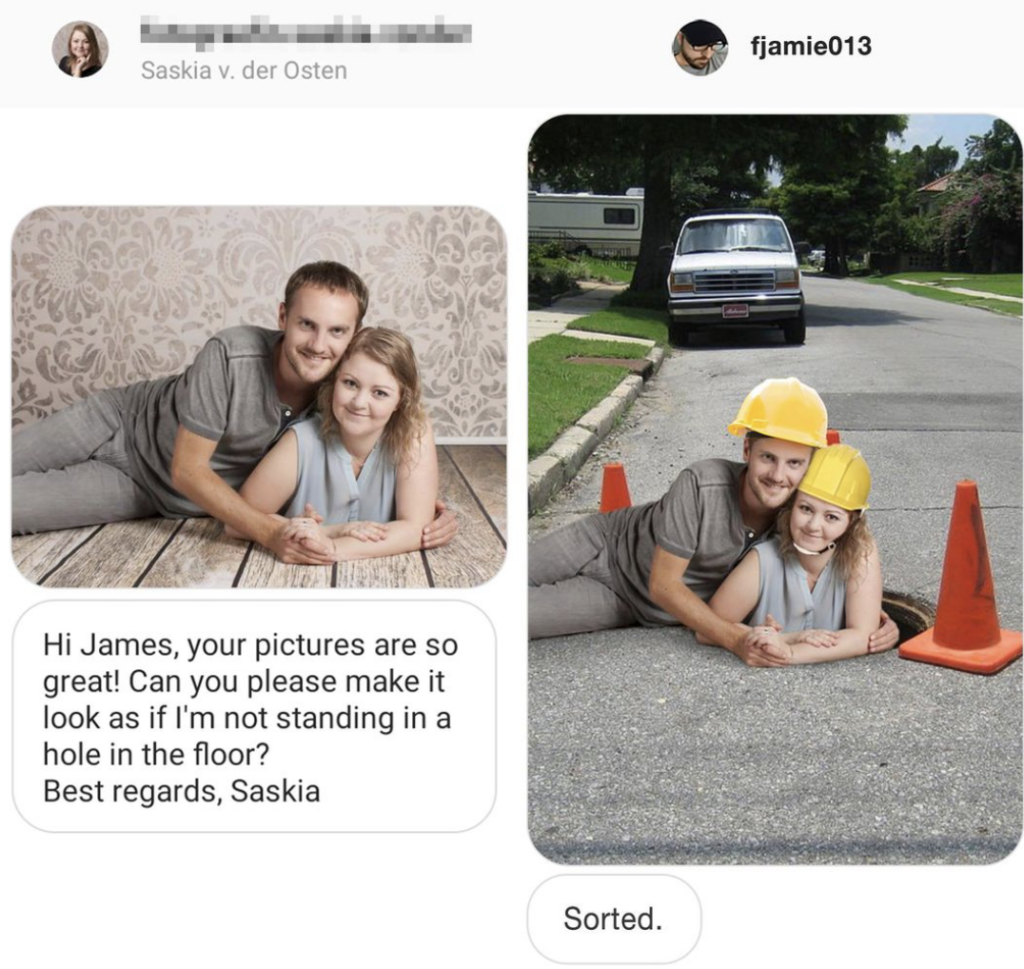 The first image shows a man and a girl lying on the floor indoors. The second image humorously edited by fjamie013 places them in a street pothole, both wearing construction helmets with traffic cones around them. An Instagram message requests the edit, followed by "Sorted.