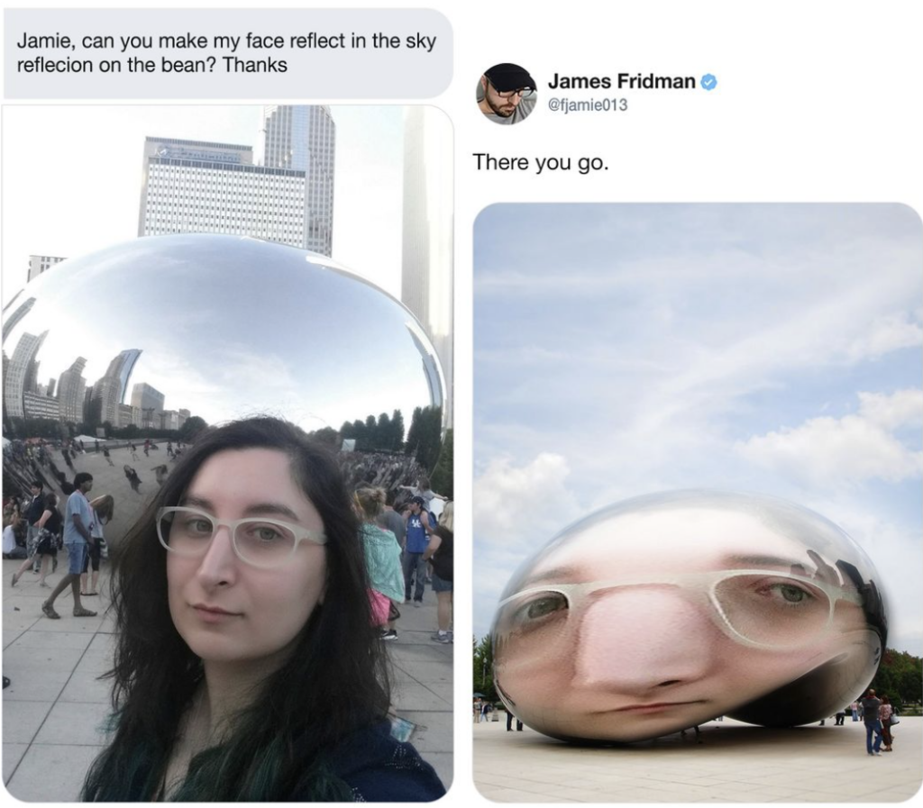 A Twitter user asks for their face to reflect in the sky section of the Bean sculpture in Chicago. The photoshopped result shows the user's face humorously enlarged and distorted over the sky-reflecting part of the sculpture.