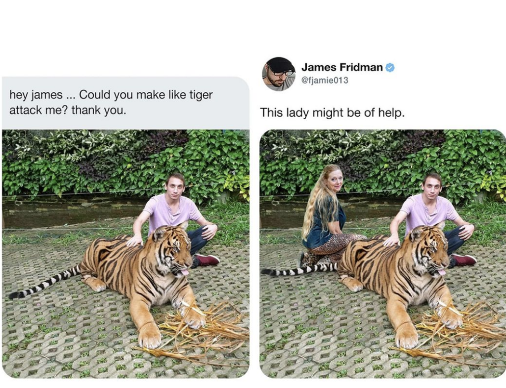 Two images are shown in this collage. The first image features a man crouching behind a resting tiger. Overlay text reads, "hey james... Could you make like tiger attack me? thank you." The second image, photoshopped by James Fridman, adds a woman in a tiger print dress sitting next to the tiger and the man, with overlay text reading, "This lady might be of help.