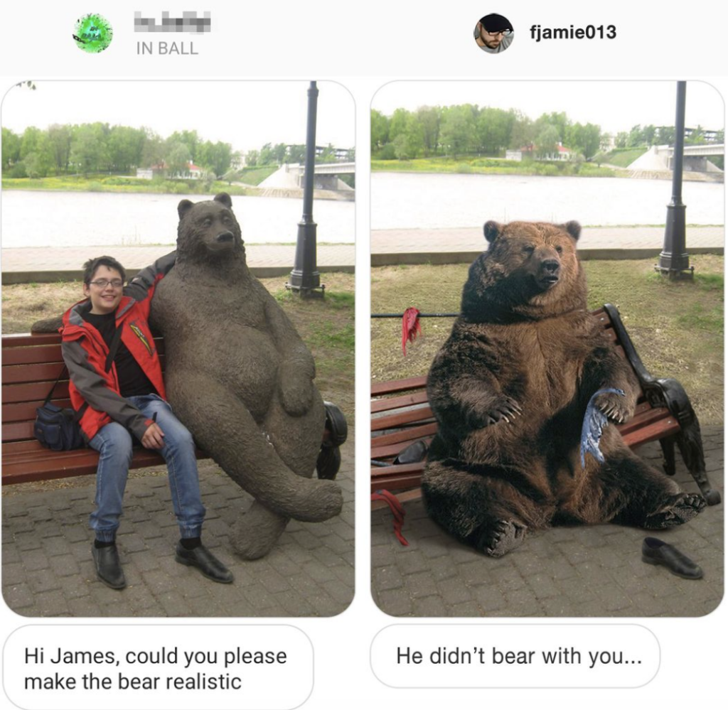 Side-by-side images depict a humorous scenario. The left image shows a person sitting on a bench next to a bear statue. The right image, a response to a request to "make the bear realistic," shows the same person sitting next to a real bear on the bench.