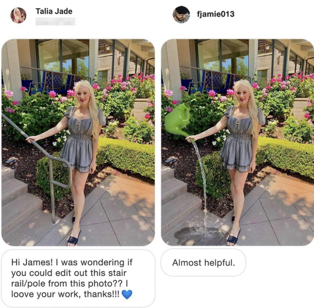 On the left, a woman stands near a stair rail amidst greenery and flowers. On the right, the same scene is edited: a green pole replaces the stair rail. Below, messages read: “Hi James! I was wondering if you could edit out this stair rail/pole from this photo?? I love your work, thanks!!! 💙” and “Almost helpful.”