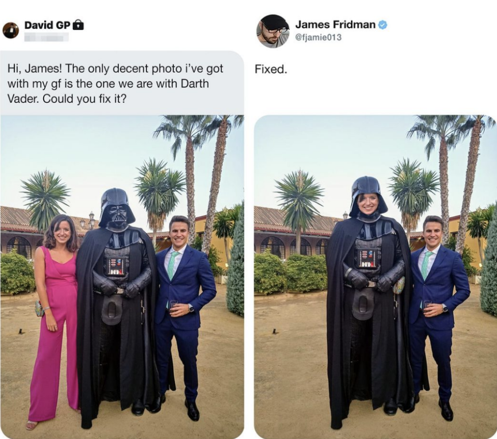 Two images show a man and woman smiling while standing next to someone dressed as Darth Vader. In the second image, Darth Vader is edited out, leaving the man and woman with an empty space where Darth Vader was. There are palm trees and a building in the background.