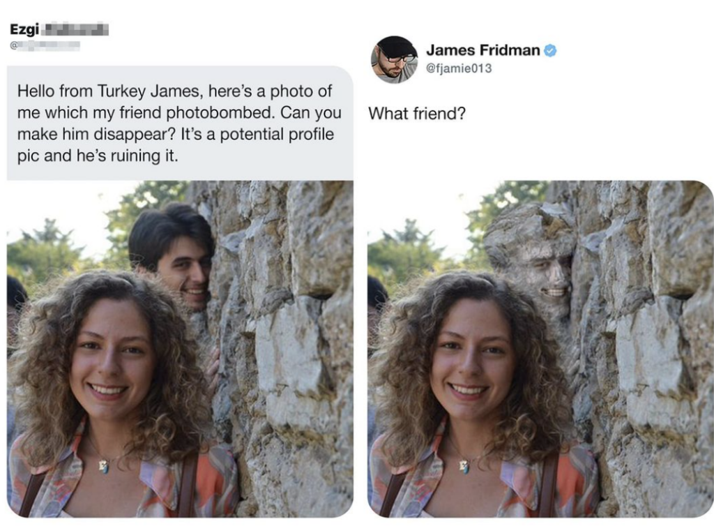 A tweet by Ezgi asks James Fridman to remove a man who photobombed her picture. James replies, "What friend?" and edits the image so the man's face blends into the stone wall behind him, making him look like part of the wall while she remains as the central focus.