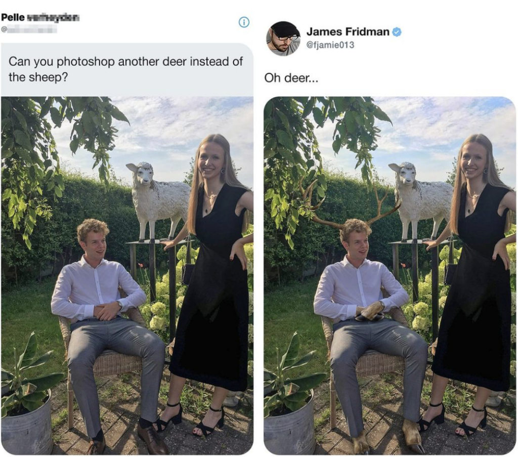 Two-panel meme: Left panel shows a person asking if a sheep can be replaced with a deer. Right panel shows the edited image where the sheep is replaced by a deer awkwardly placed in the person's lap. The man is sitting, and a woman stands beside him smiling.