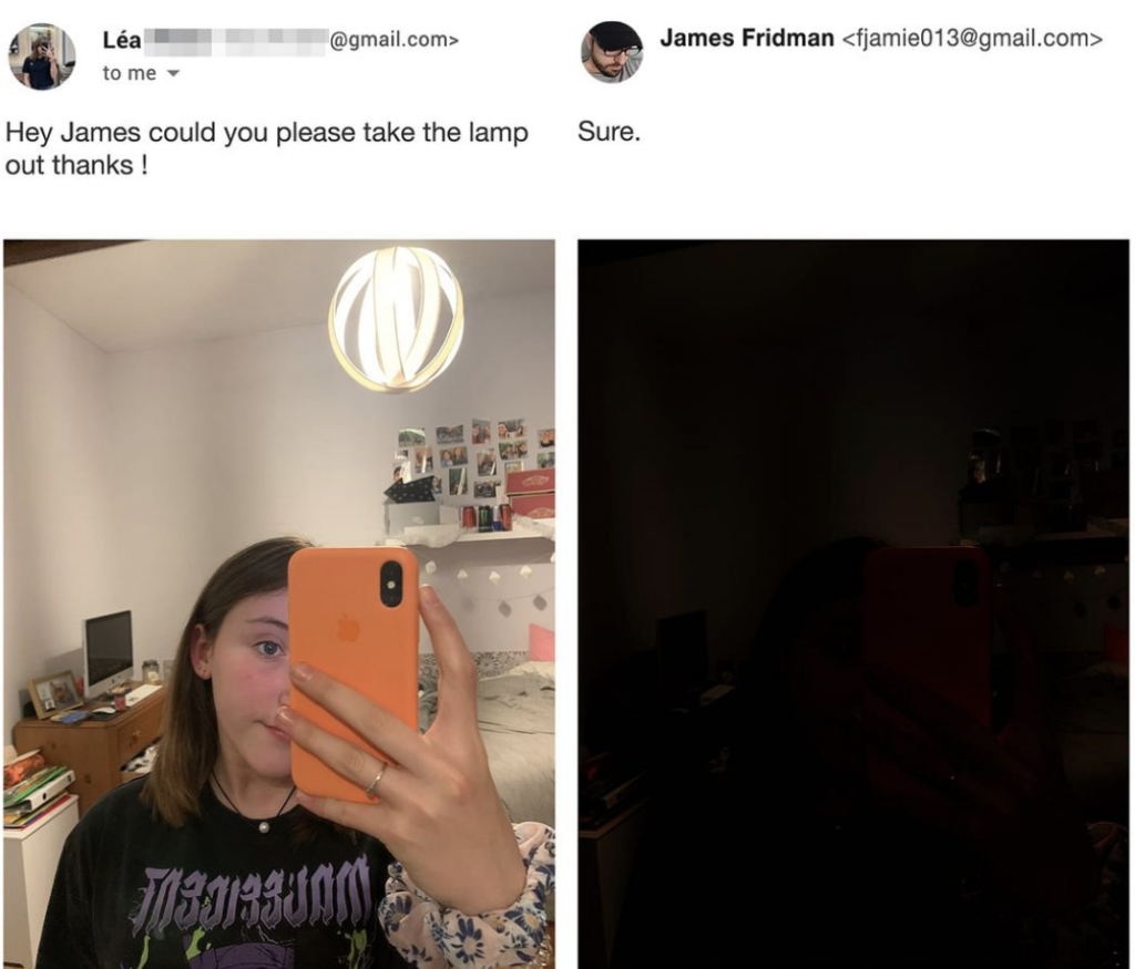 Side-by-side images show a humorous photo edit. The left image features a woman taking a mirror selfie with a lamp in the background. The right image, edited, has the same scene but almost completely darkened, making the lamp imperceptible.