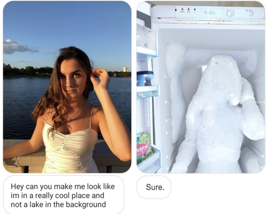 Left side of the image: A woman in a white dress stands by a lake with trees in the background. Text says, "Hey can you make me look like im in a really cool place and not a lake in the background." Right side: An open, heavily frosted refrigerator. Text underneath says, "Sure.