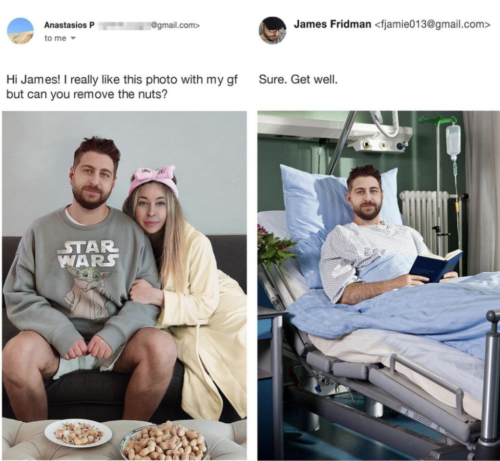 On the left, a couple sits on a couch, the man in a Star Wars sweatshirt and the woman in pajamas with a pink headband, with bowls of nuts on a table in front of them. On the right, the man is edited into a hospital bed with a bandaged torso and an IV.