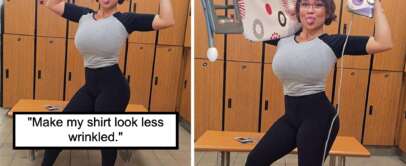 Two side-by-side photos feature a person posing in a locker room with their tongue out. The left photo shows a wrinkled shirt while in the right, they hold an iron and ironing board, with the shirt appearing smoother. Caption reads: "Make my shirt look less wrinkled.