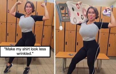 Two side-by-side photos feature a person posing in a locker room with their tongue out. The left photo shows a wrinkled shirt while in the right, they hold an iron and ironing board, with the shirt appearing smoother. Caption reads: "Make my shirt look less wrinkled.