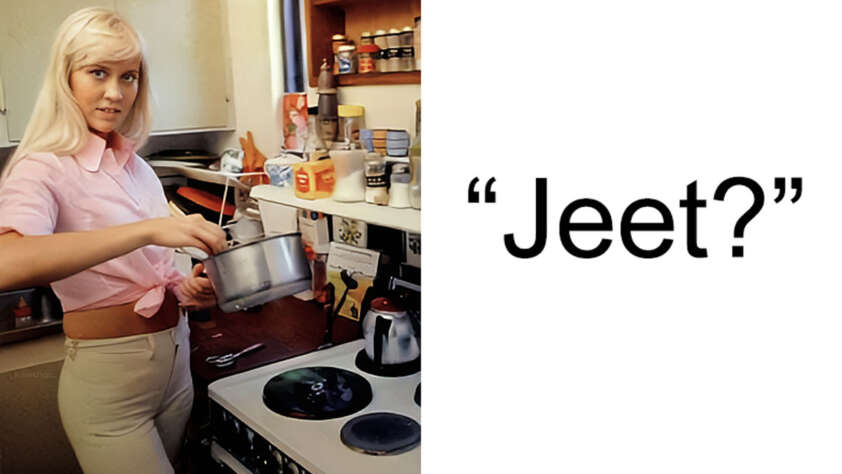 A woman with long blonde hair, wearing a pink shirt and beige pants, stands in a kitchen while stirring a pot on the stove. Various kitchen items are visible around her. To the right, large text reads, "Jeet?