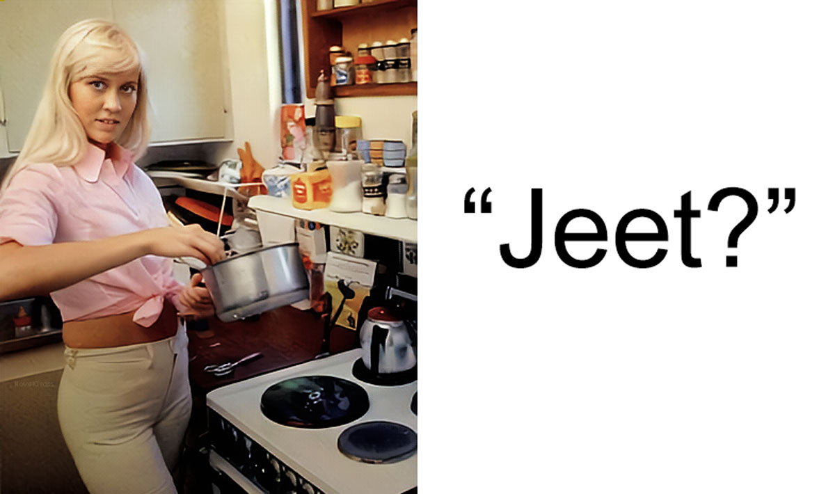 A woman with long blonde hair, wearing a pink shirt and beige pants, stands in a kitchen while stirring a pot on the stove. Various kitchen items are visible around her. To the right, large text reads, "Jeet?