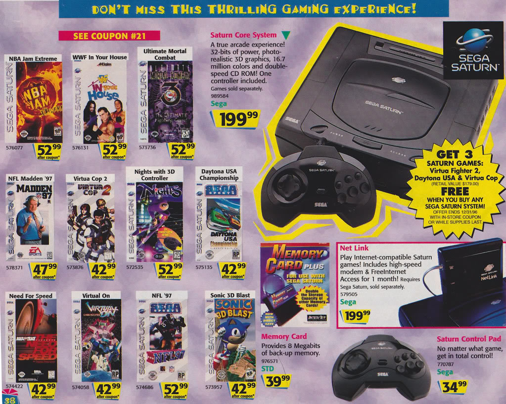 A colorful advertisement for the Sega Saturn gaming console, showcasing various game titles such as NBA Jam Extreme, WWF In Your House, and Ultimate Mortal Kombat 3. The ad highlights prices and features of games, consoles, and accessories, including a memory card and controller.