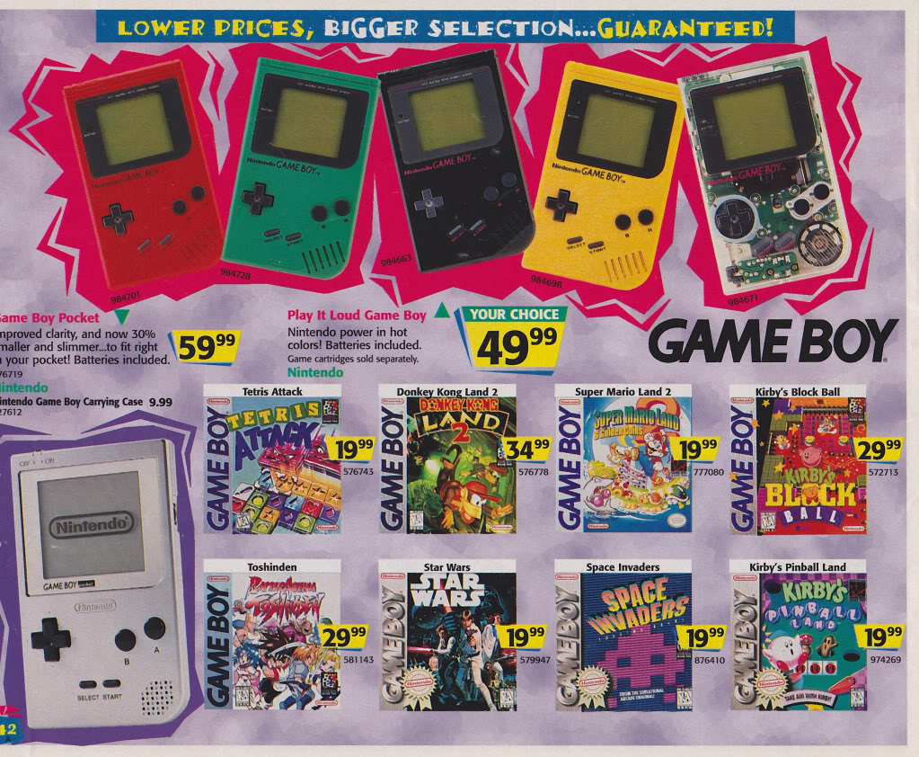 An advertisement featuring various Game Boy consoles and games. Five Game Boy colors are displayed at the top: red, green, black, yellow, and a special edition. Below, several game titles and prices are shown: Tetris, Donkey Kong Land 2, Super Mario Land 2, and more.