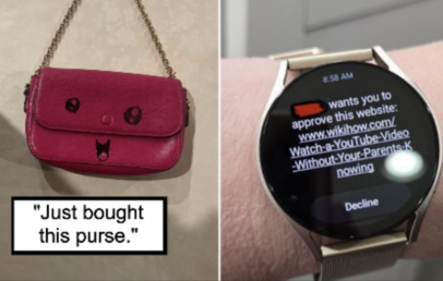 The image is divided into two parts: the left side shows a pink purse with a cute, cartoonish face and the text "Just bought this purse." The right side shows a smartwatch screen displaying a notification seeking approval to view a website titled "Watch a YouTube Video Without Your Parents Knowing" with "Decline" option visible.