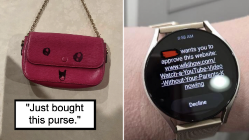 The image is divided into two parts: the left side shows a pink purse with a cute, cartoonish face and the text "Just bought this purse." The right side shows a smartwatch screen displaying a notification seeking approval to view a website titled "Watch a YouTube Video Without Your Parents Knowing" with "Decline" option visible.