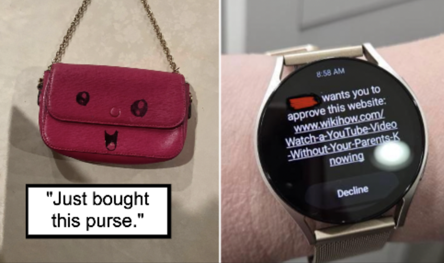 The image is divided into two parts: the left side shows a pink purse with a cute, cartoonish face and the text "Just bought this purse." The right side shows a smartwatch screen displaying a notification seeking approval to view a website titled "Watch a YouTube Video Without Your Parents Knowing" with "Decline" option visible.