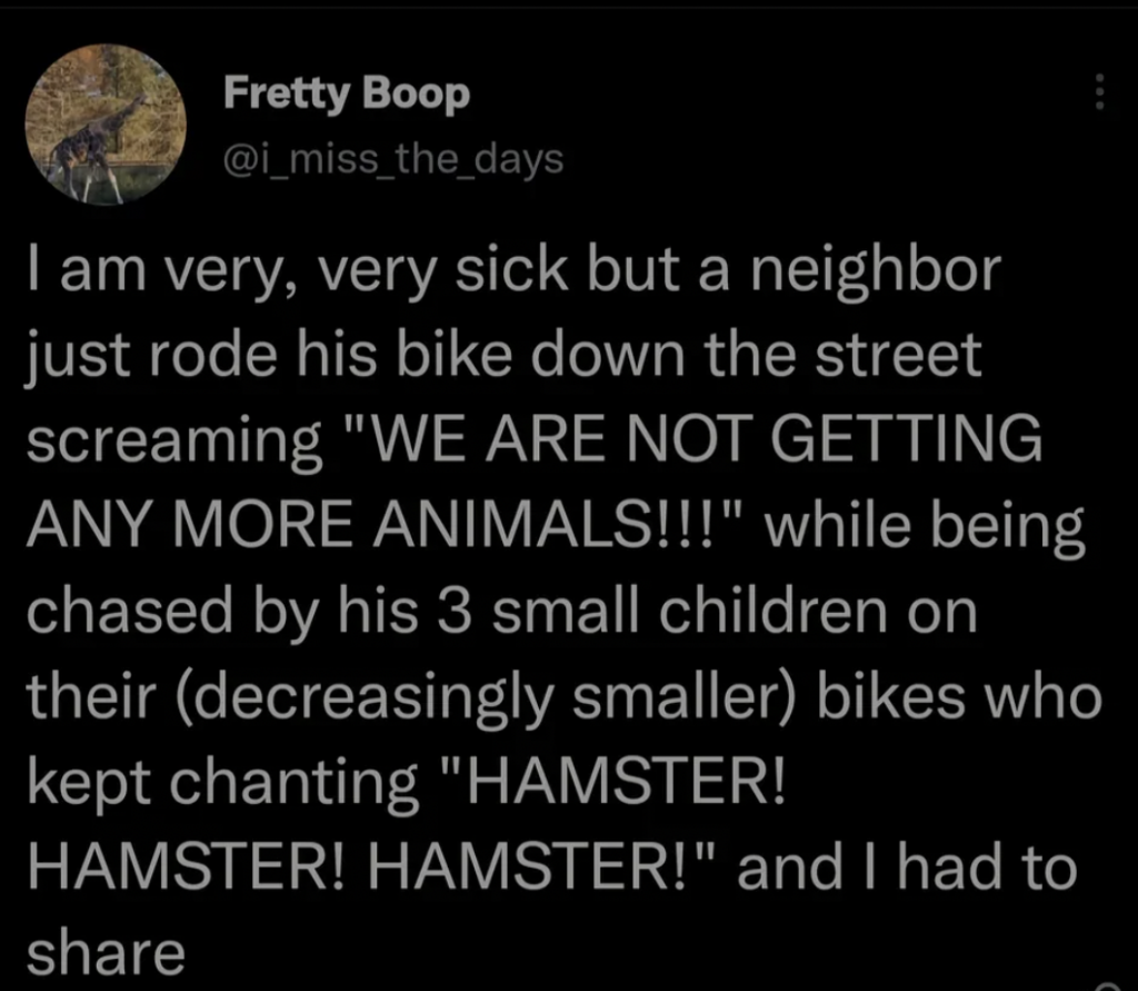 A tweet from user "Fretty Boop" (@i_miss_the_days) reads: "I am very, very sick but a neighbor just rode his bike down the street screaming 'WE ARE NOT GETTING ANY MORE ANIMALS!!!' while being chased by his 3 small children on their (decreasingly smaller) bikes who kept chanting 'HAMSTER! HAMSTER! HAMSTER!' and I had to share".