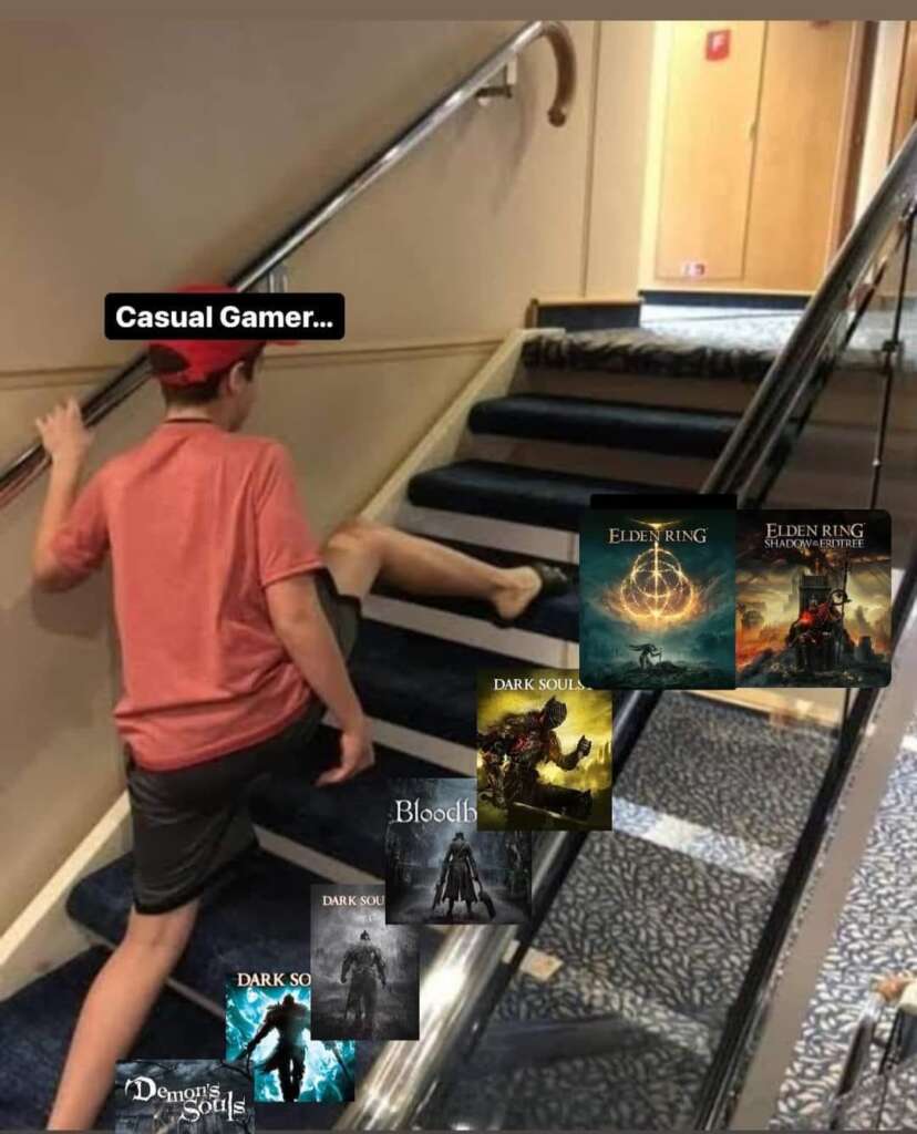 A person in a red cap is struggling to climb stairs labeled with challenging video games (Demon's Souls, Dark Souls series, Bloodborne, Elden Ring), with "Casual Gamer..." written above. The image humorously suggests the difficulty of these games for casual gamers.